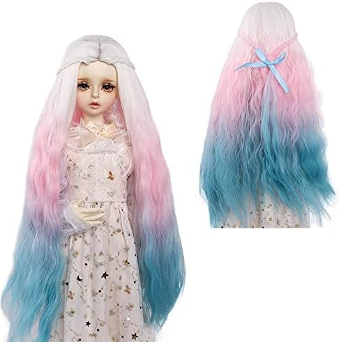 Muziwig 1/3 BJD SD Doll Pig, отпорна на топлина, перика за коса, влакна долг длабок бран кадрава омбре бела розова сина кукла