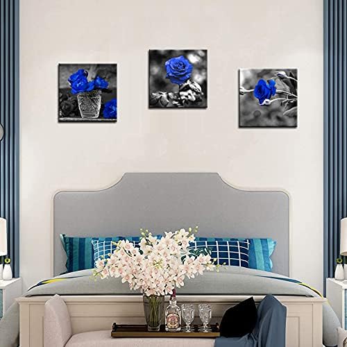 Скеноарт 3 панели сина роза платно wallидна уметност црно -бело цвеќиња сликајќи кралска сина цветна слика подготвена да виси за бања спална