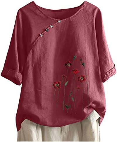 Екипаж вратот спандекс постелнина кошули тинејџерски девојки кратки половина ракав цветни графички лабави збирки бранч блузи