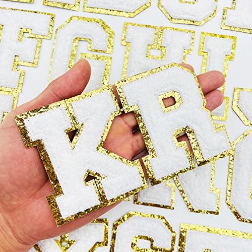 Jongdari Letter Patches Varsity Chenille Iron на букви лепенки за облека, 4 парчиња англиска буква е со граница на златни сјајни, апликации за
