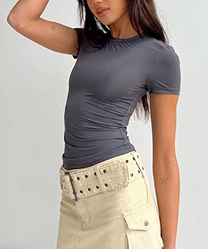 Safrisior жени основни цврсти култури врвни маички со тркалезен врат Краток ракав форма се вклопуваат во тренингот маица јога атлетска
