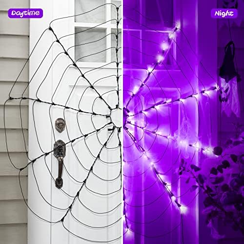 Ноќта на вештерките пајак веб -светло со џиновски крзнен пајак, 4ft дијаметар 80 LED светла за Ноќта на вештерките и црна мрежа,