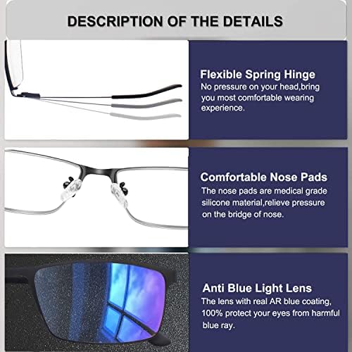 ЗИЕНСТАР Машки Очила За Читање Сина Светлина Блокирање 3 Пакет Квалитетен Компјутерски Читач Мажи Читачи Метал Нерѓосувачки Челик Целосна