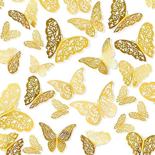 Симсепт 3д Златен Декор на Ѕид од Пеперутка 60 парчиња 5 Дезени 3 Големини, Украси За Торта Со Пеперутки За Роденденска Забава Свадба Туш За