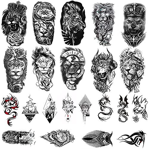 22 Листови Голем Лав Привремени Тетоважи За Мажи Жени Реални Лавови Привремени Налепници За Тетоважа ЗА Возрасни 3Д Лажни Црни Тетоважи