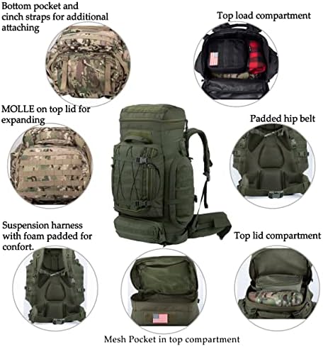Xmilpax Внатрешна рамка ранец воен рак -тактички мол пакет за ранец за пешачење за кампување лов на 70L