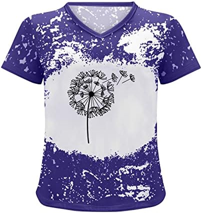 Женски графички печати кошули со кратки ракави за глуварче за печатење на тренингот маички со маички V вратот на вратот на