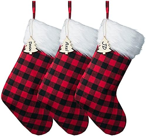Божиќни чорапи, 3 пакувања 18 Големи Божиќни чорапи, класичен Бафало црвено и црно карирано порибување за декор за забава за одмор
