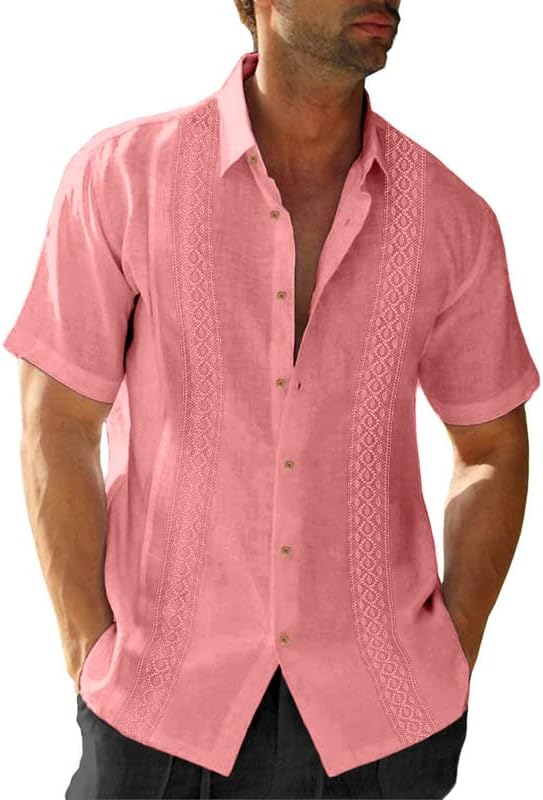 Jmierr mens памук постелнина Guayabera кошули случајно копче до кратки ракави летна кошула на плажа