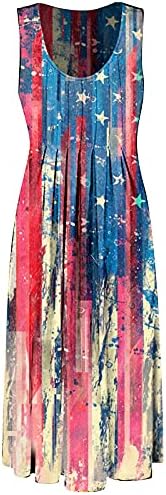 4 јули Лето Обични Фустани За Жени Американско Знаме Бохо Фустан Без Ракави Лажичка Вратот Течен Лабав Мини Сарафан
