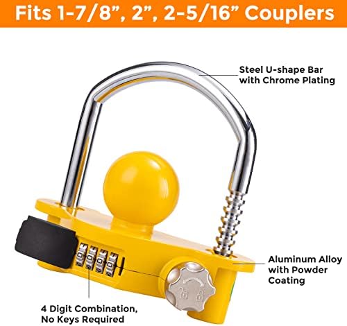Topshine Trailer Hitch Lock Universal Ball Town Coupler Security Lock Anti-Thef Combation Lock се вклопува 1-7/8 , 2 и 2-5/16 спојници