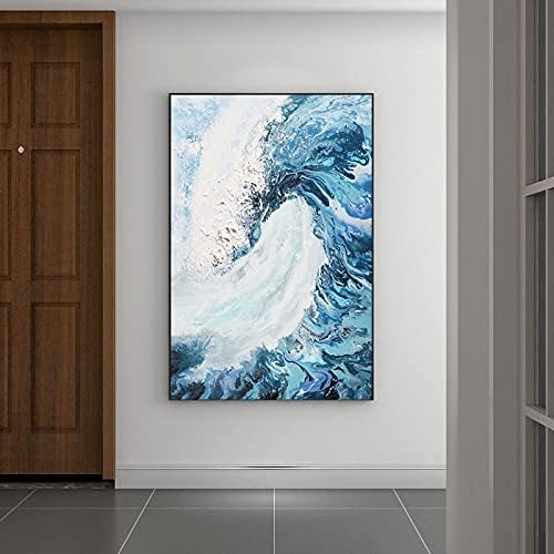 Рачно насликано вертикално масло за сликање - Апстрактна текстуриран океански бран со голема големина на маслото сликарство на платно, модерни