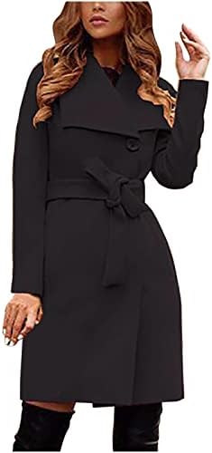 Женски зимски грашок палто волна ров палто за завиткување јак јакла за надворешна облека со единечна дојка со средно долги палто со појас