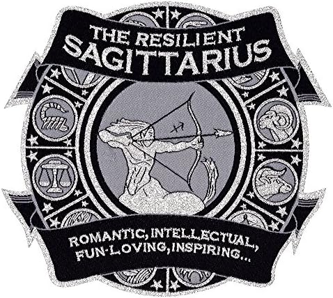 Astro-Patch-еластичен Sagittarius ™ 5 x 5 1/2 железо-он/шиење астролошка лепенка. Неговиот рефлективен сребрен метален дизајн, му