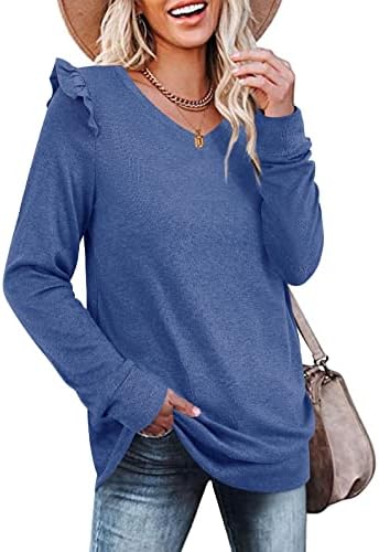 BZB есен џемпери за жени преголеми врвови со долги ракави Туника Трендовски V вратите кошули S-2XL