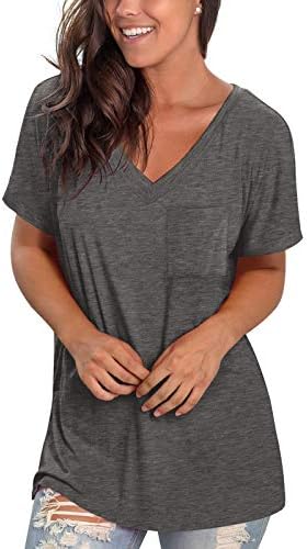 Ikevan жени плус големина v вратот за завиткување на кратки ракави Туника Врв обичен џеб лабав вклопувачки кошули со блузи