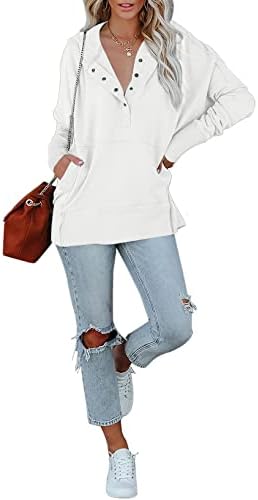 Astylish женско копче Хенли Хулис пуловер со долги ракави со преголема кошула со качулка со џебови