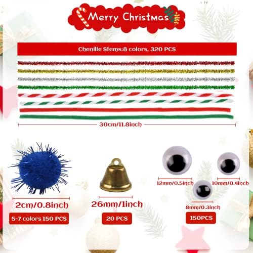 640pcs Божиќни чистачи на цевки занаетчиски сет, вклучително и 320 парчиња Chenille стебла 150pcs pom poms 150pcs wiggle googly очи