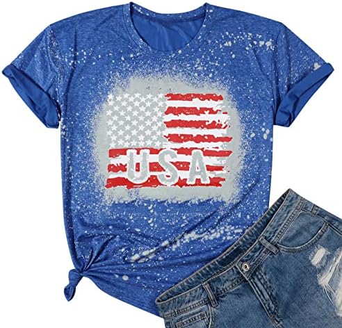 Womenенска американска кошула со знаме на 4-ти јули во јули маица маица Патриотски starsвезди ленти со кратки ракави за кратки ракави врвови