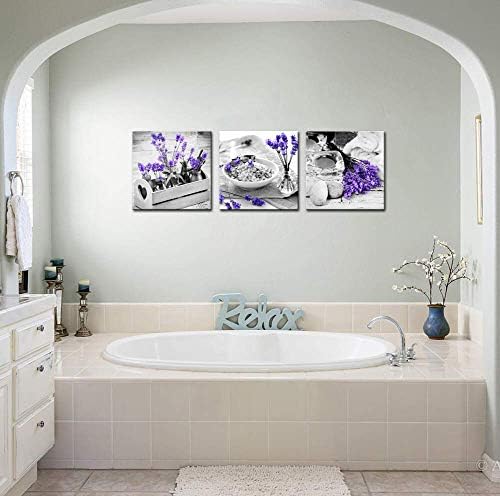Нахичен wallид - 3 парчиња платно wallидна уметност за спална соба бања wallид декор виолетова лаванда цвет и зен камен сликање