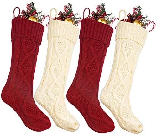 Божиќни чорапи на Pektiftn 4 парчиња, 18 инчи големи персонализирани кабелски плетени Божиќ што висат порибување, уникатни бургундски и