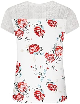 Врвови за ракави на женски капачиња трендовски цветни печати летни врвови лабави чипка чипка маици со кратки ракави блузи