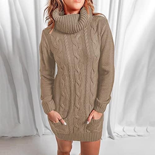 Oplxuo turtleneck џемпер фустани за жени кабел плетена каросерија пулвер фустан пад на џебови со долги ракави џемпери скокач