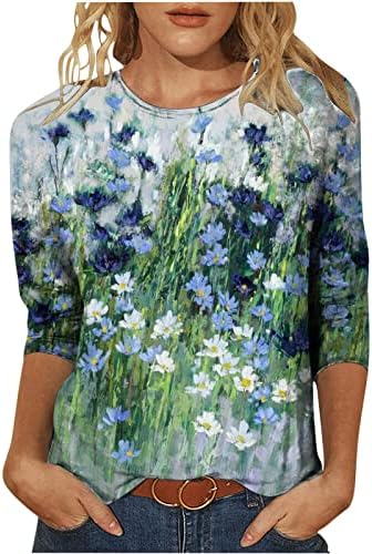 Женска цветна маица за печатење обична 3/4 ракав екипаж вратот низ графички маички цветни шема на врвови на врвови на пулвер
