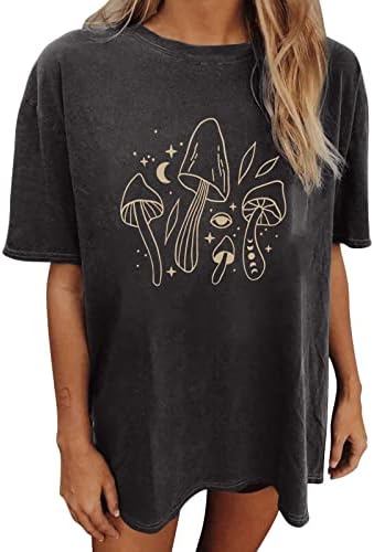 2023 Womenените летни врвови на Сонцето Месечина од печурки графички маици гроздобер лабава блуза краток ракав Туника тинејџерски
