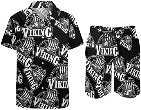 Викинг брод машки хавајски кошули со кратки ракави и панталони летни облеки на плажа лабава фит тренер