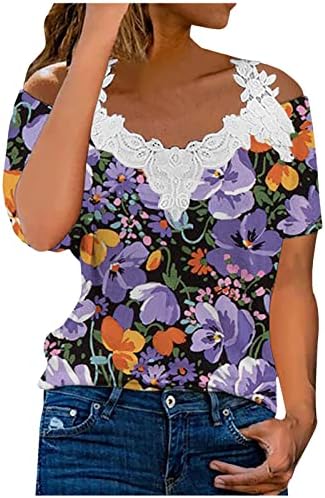 Девојки со блуза кратки ракави цветни рамо ладно рамо длабоко V вратот чипка памук цветни секси блузи маички женски EK