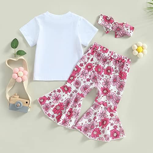 Бебе девојче Денот на мајката облека за кратки ракави за печатење маица со цвеќиња од цвеќиња од панталони за панталони за глава