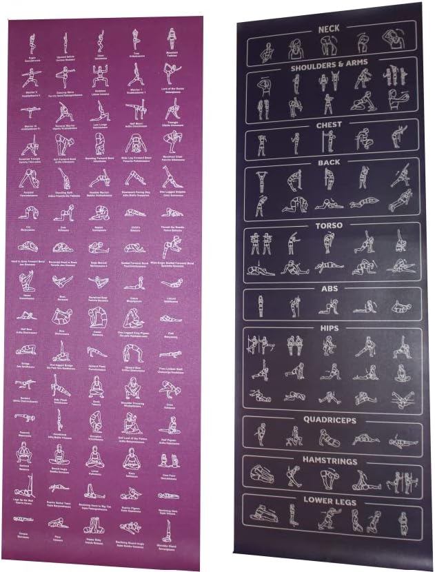 Почетник на наставни јога мат со пози печатени на неа - 75 илустрирани јога пози и 75 истегнувања - не лизгање - јога мат за сите пола