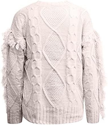 QXDLDHT женски џемпер обичен тркалезен врат плетен цврста боја со долги ракави ласеви пуловер Шерпа пуловер дуксер дуксер