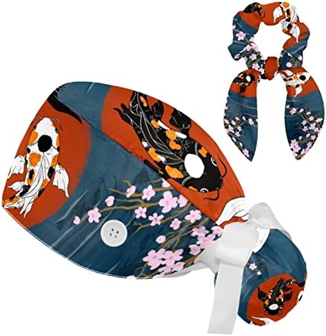 Јин Јанг Кои цвет цреша Работен капа, прилагодливо капаче за чистење со копчиња и ласкава коса, чиста за медицинска сестра и доктор