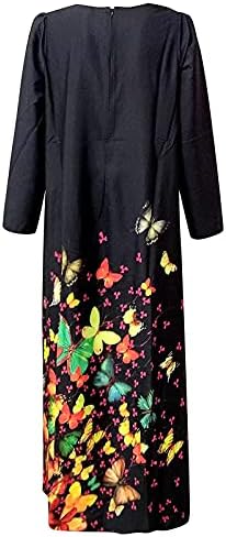 Nokmopo џемпер фустан женски обичен V-врат печатен џеб со долги ракави, фустан со долг фустан, фустан од клуб
