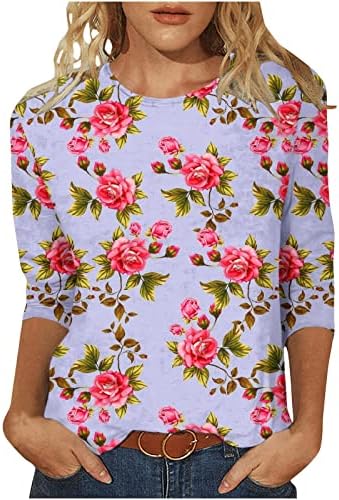 Mairsенски бохо маици 3/4 ракави екипаж на вратот цветници блузи летни обични лабави вклопени гроздобер слатки кошули за одмор