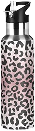 Глафи ​​леопард печати розово шише со вода со капаче од слама, без BPA, шишиња со вода од 32 мл изолирани не'рѓосувачки челик,