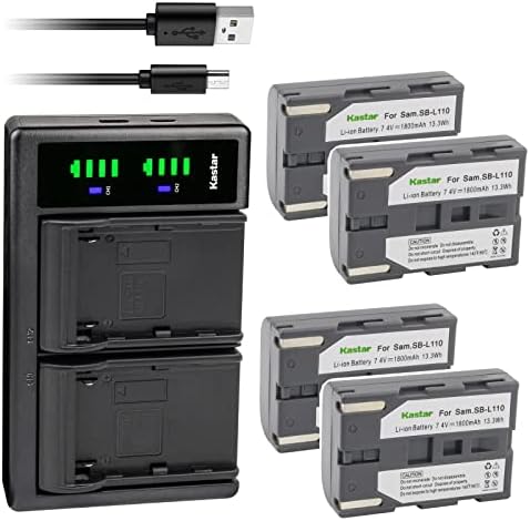 Замена на батеријата Kastar 4-Pack SB-L110 и LTD2 USB полнач за Samsung SB-L110 SB-LS110, SB-L220 SB-LS220, SB-L70 SB-L70A SB-L70R SB-LS70AB батерија, Samsung VP-D85