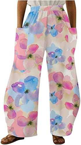 Фелегд модни широки панталони за нозе за жени лето печатено високо еластично половината удобна лабава плажа права панталони со џеб