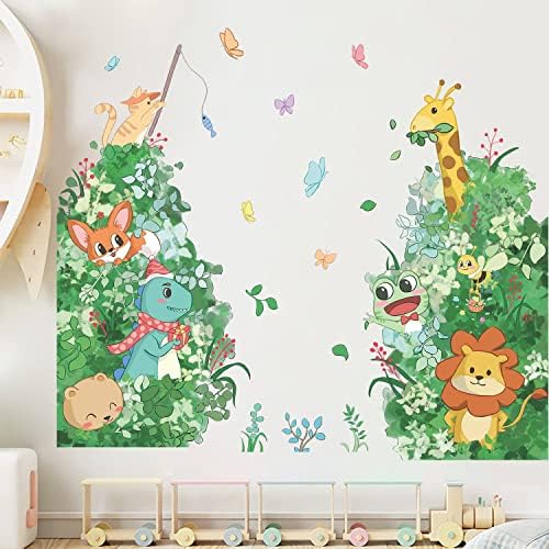 Суперзон џунгла налепници за животни wallидови цртан филм животински wallид декл жирафа лав мечка зелена растенија лисја налепници за уметност за деца бебиња расадни?
