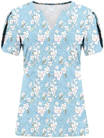 Women'sенски врвови за лето 2023 плус големина, случајна кратка ливче за печатена маица со V-вратот, лабава блуза блуза