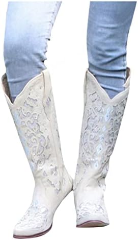 Masbird Fulies на глуждот за жени со ниски потпетици со средно теле извезено каубојски чизми широко теле ретро западни чизми бујни потпетици
