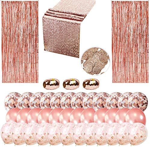 Розово злато украси за набавки- пакет вклучува 12 розови злато и 24 балони на конфети, 2 раб од фолија, 3 панделки, 1 тркач на