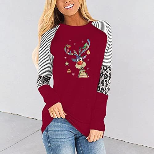 Ilugu жени Божиќни елени печати случајно o вратот леопард шарен спојување со долги ракави топ маица блуза женска маичка со маица