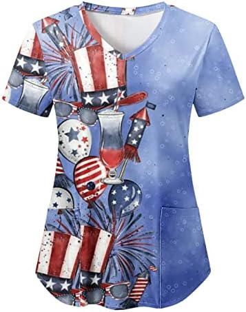 4 јули блуза За Жени Американско Знаме Летни Кошули Со Кратки Ракави Против Вратот Со 2 Џебови Блузи Празнична Секојдневна Работна Облека