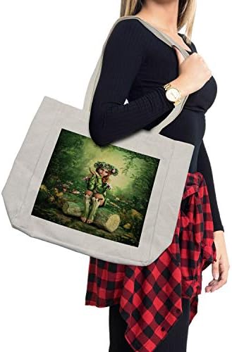 Торба за шопинг во Амбесон, компјутерска уметност елф девојка венец нејзината глава што седи на трупец од дрво, еколошка торба