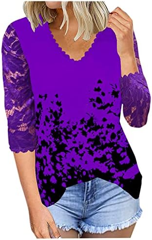 Долга ракав 3/4 ракав облека Трендовски чипка против вратот графичка капри блуза маичка за жени врвни летни есен жени 6y 6y