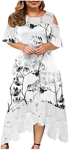 Женски плус големина миди фустани трендовски чипка крпеница о-врат ладно рафли кратки ракави проток цветни цветни санки