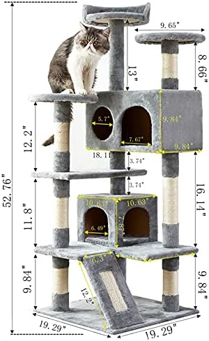 Мачка кула, 52,76 инчи мачко дрво со табла за гребење на сисал, мулти-ниво на маче кондо со поставена платформа, 2 луксузни кондоси,